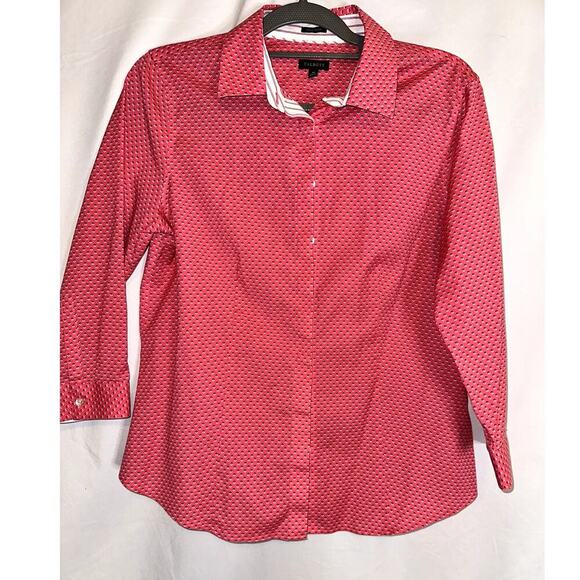 Talbots Women's Pink Geometric Design Button 3/4 Sleeve Size 10 Wrinkle Resist - Picture 1 of 9